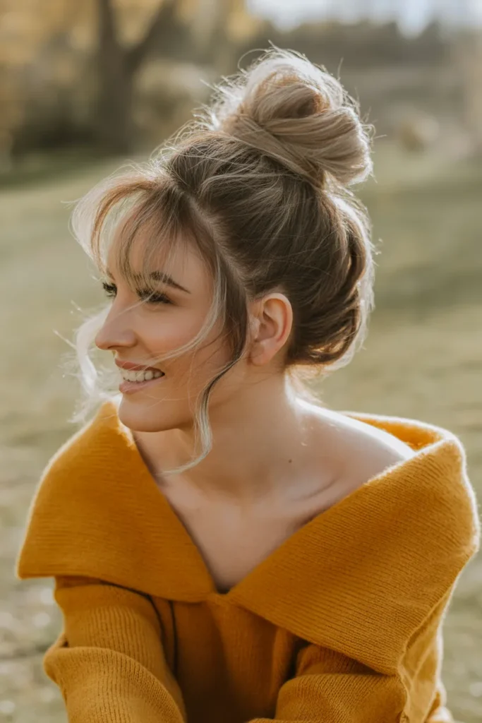 Messy High Bun With Loose Tendrils