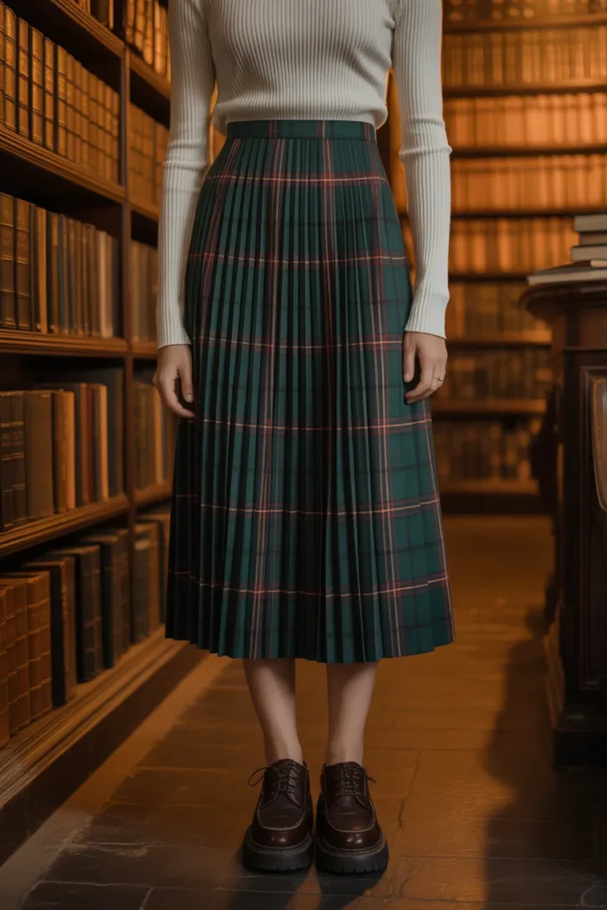 Plaid Pleated Midi Skirt
