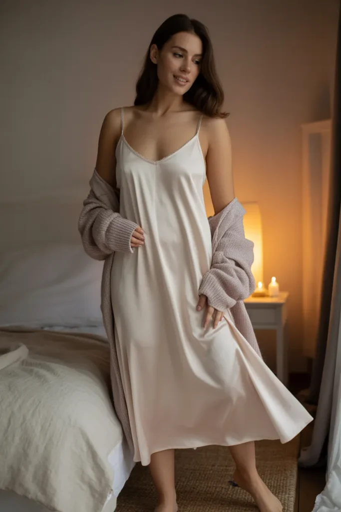 A portrait photo of a woman sitting on a white plush bed wearing a short sleeve plus size night dress for women in soft sage green bamboo jersey. Crew neckline, knee-length hemline, relaxed fit. Bright natural window light, clean airy bedroom aesthetic, serene atmosphere, standard straight-on camera view.