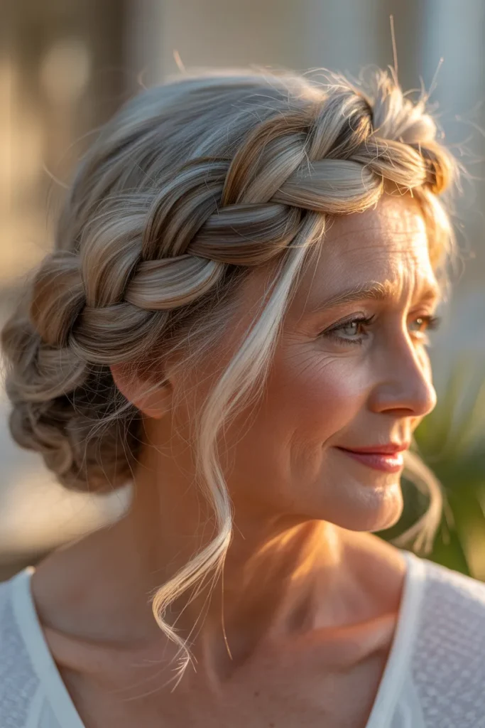 Braided Crown Updo,A mature woman with multi-tonal ash-blonde and silver hair styled into a soft, textured braided crown halo updo. Gentle tendrils framing her jawline under soft studio lighting. Set against a clean neutral background, close-up side angle emphasizing detailed braid weave and soft hair texture.