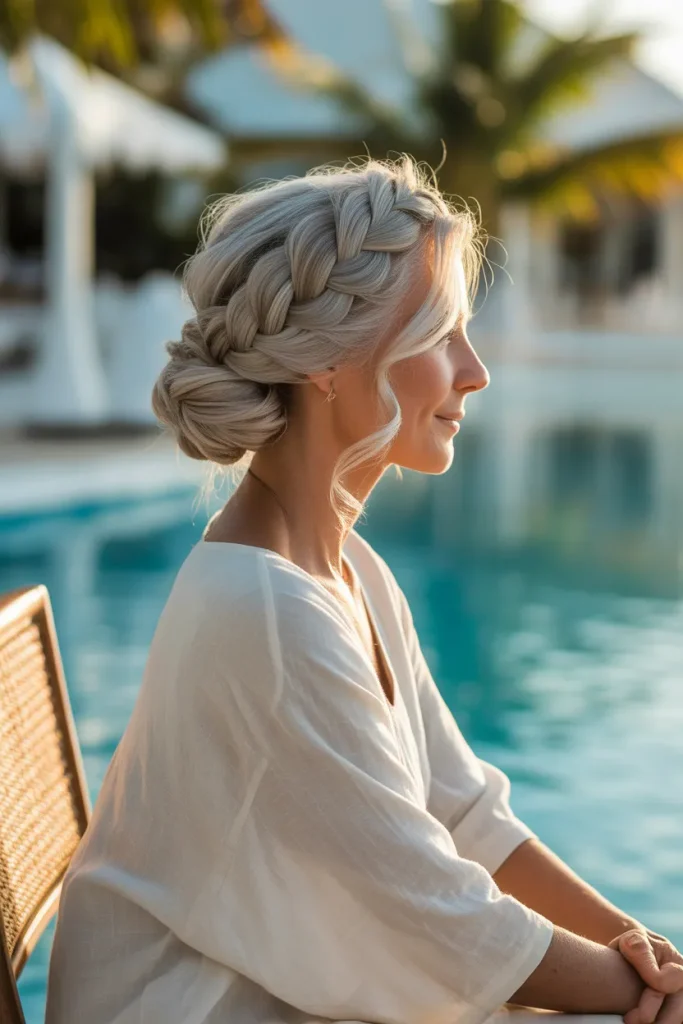 Braided Low Chignon,A stylish older woman with silver-gray hair styled in a delicate, braided low chignon at the nape of her neck. Soft daylight highlighting subtle silver tones and intricate hair texture. Minimal neutral backdrop, close-up side angle showcasing soft weave details and an elegant, neat profile.
