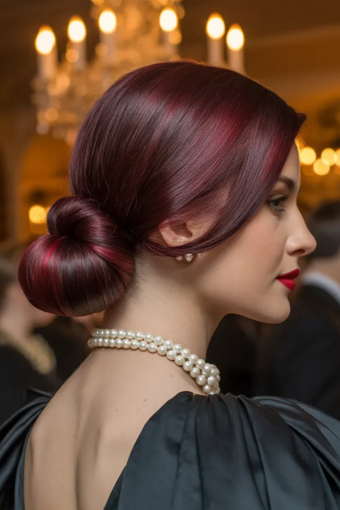 Burgundy Wrapped Low Chignon