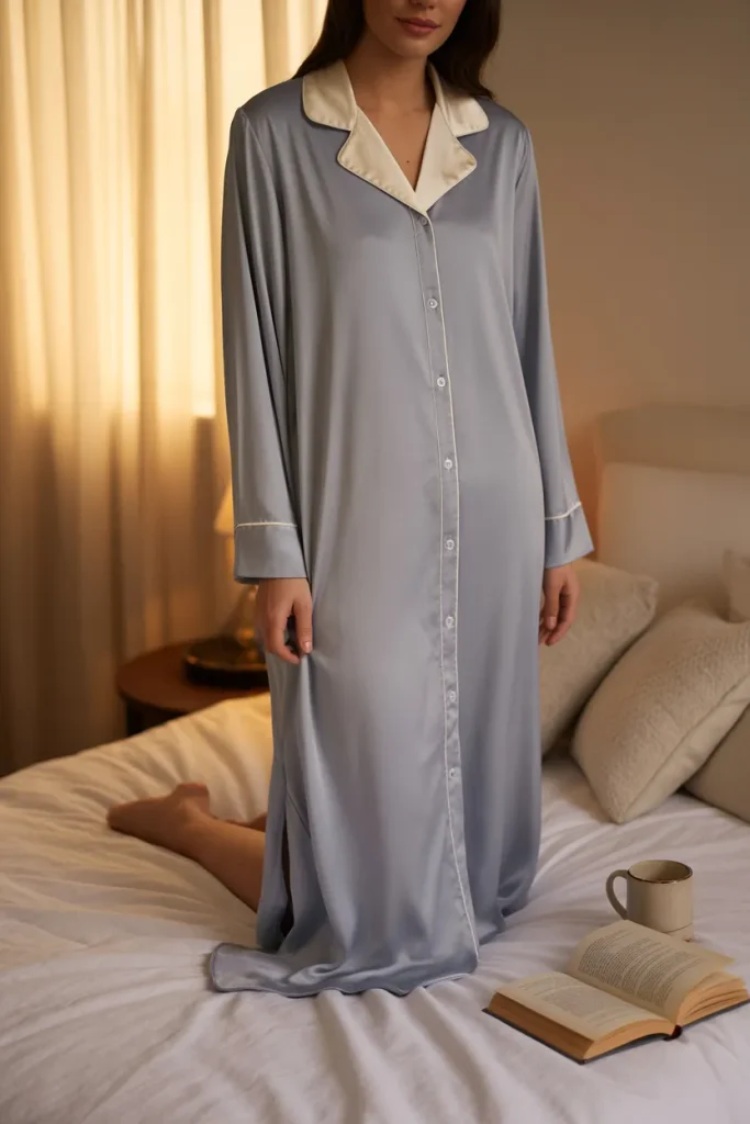 A lifestyle portrait of a woman sitting on a cozy armchair wearing a button-down plus size night dress for women in crisp navy blue with white piping details. Long sleeves rolled up, notch collar, soft morning light pouring through blinds, warm neutral living room environment, authentic cozy mood.