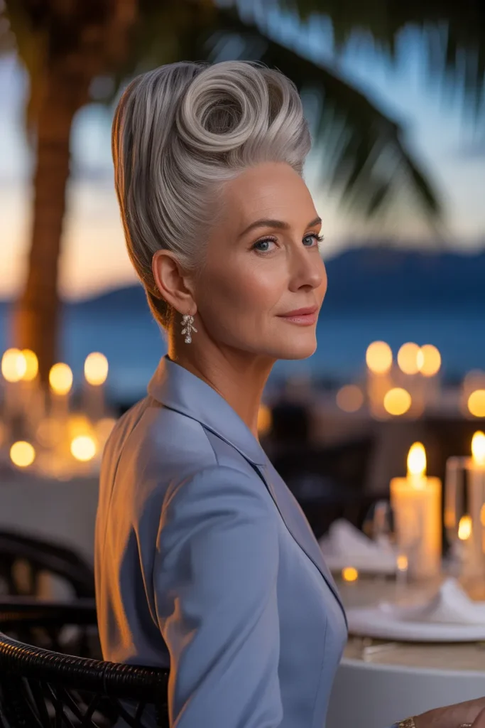 Classic French Roll,A sophisticated older woman with silver-gray hair styled into a smooth, classic French roll updo. Soft ambient lighting illuminating refined highlights and clean hair lines. Minimalist neutral studio backdrop, side profile view highlighting vertical structure, smooth tucking, and timeless elegance.
