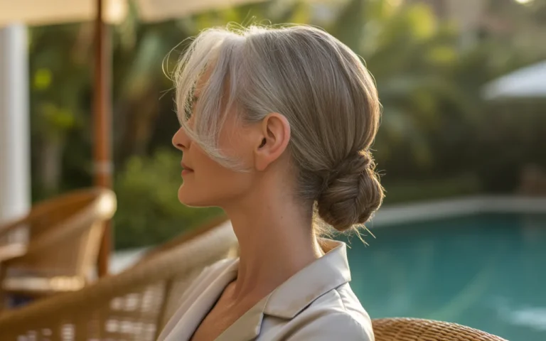 A refined older woman with silver-gray hair styled in a chic, low chignon at the nape of her neck, featuring soft, face-framing tendrils. Natural morning sunlight illuminating subtle silver highlights and hair texture. Set against a neutral, minimal studio backdrop with a serene, elegant aesthetic. High resolution, close-up profile view.