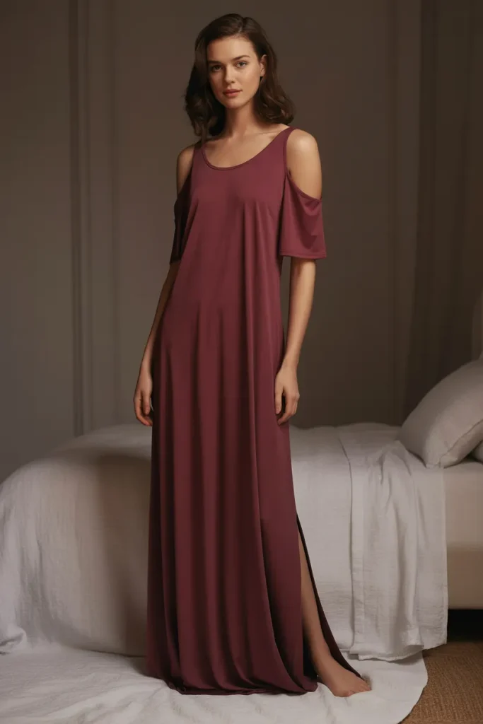 A full-body lifestyle portrait of a woman standing near a sunlit bedroom mirror wearing a plus size night dress for women in deep burgundy red. Features cutout cold-shoulder sleeves, a high side leg slit, and a scoop neck. Warm golden hour sunlight, modern stylish bedroom backdrop, confident stance, eye-level camera shot.
