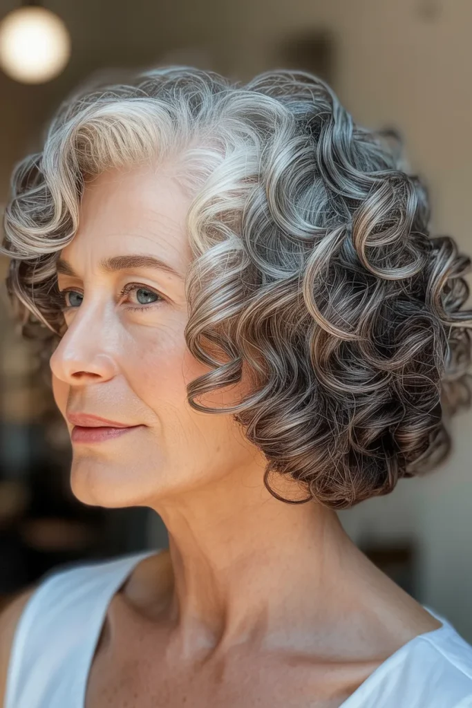Elegant Curly Bob,A stylish older woman with a bouncy, chin-length curly bob featuring defined silver and gray ringlets. Warm soft studio lighting highlighting curl shine and volume. Minimalist modern backdrop, medium profile angle capturing rounded shape, springy bounce, and rich hair texture.