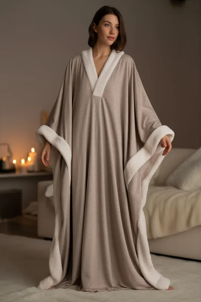 A full-length photo of a woman relaxing on a plush armchair wearing a loose kaftan plus size night dress for women in soft cream knit with white fleece trimmed cuffs. Wide kimono-style sleeves, deep V-neckline, and an ankle-length hem. Soft warm ambient indoor lighting, cozy living room background, peaceful mood, eye-level angle.