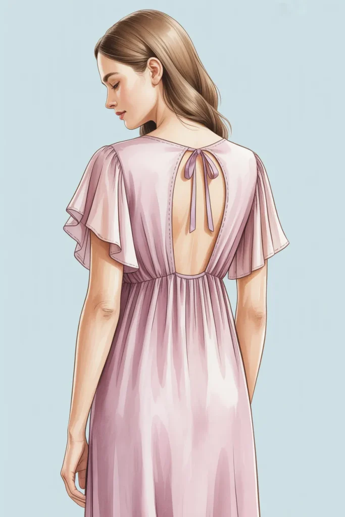A medium shot from behind showing a woman sitting on a white bench wearing a plus size night dress for women in soft mauve pink. Features a subtle back keyhole cutout with a delicate ribbon tie closure and fluttery short sleeves. Soft natural morning window light, elegant bedroom setting, serene mood, slightly turned angle.