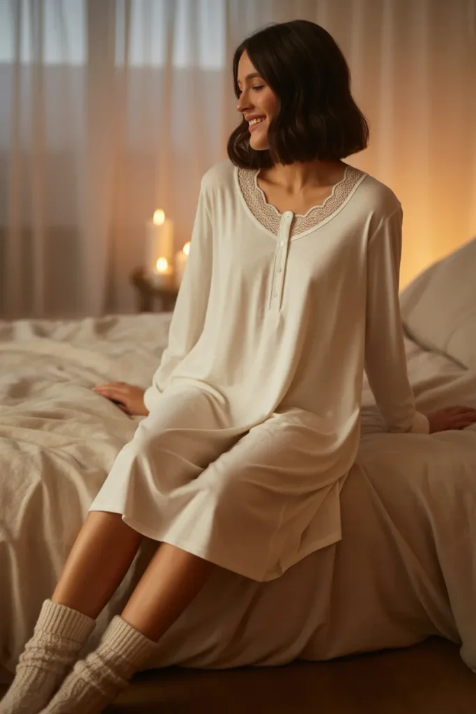 A full-length photo of a woman relaxing on a cozy velvet armchair wearing a plus size night dress for women in warm oatmeal heather knit. Features a three-button Henley placket with delicate white lace applique along the collar and a knee-length hemline. Soft warm ambient lighting, rustic chic living room setting, relaxed posture, straight-on camera view.