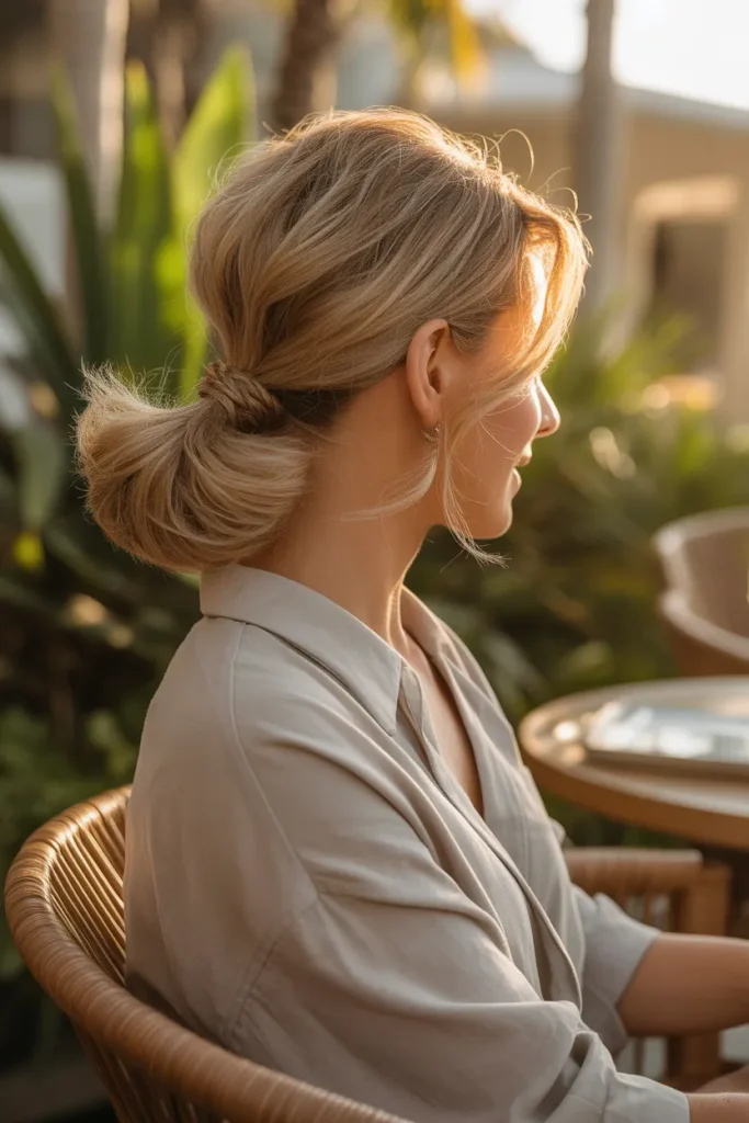 Low Textured Ponytail,A sophisticated mature woman with long silver-gray hair tied into a low textured ponytail with wrapped hair base detail and loose side tendrils. Soft studio lighting highlighting hair shine and texture. Clean minimal backdrop, back three-quarter camera angle capturing detailed hair wrap and romantic silhouette.