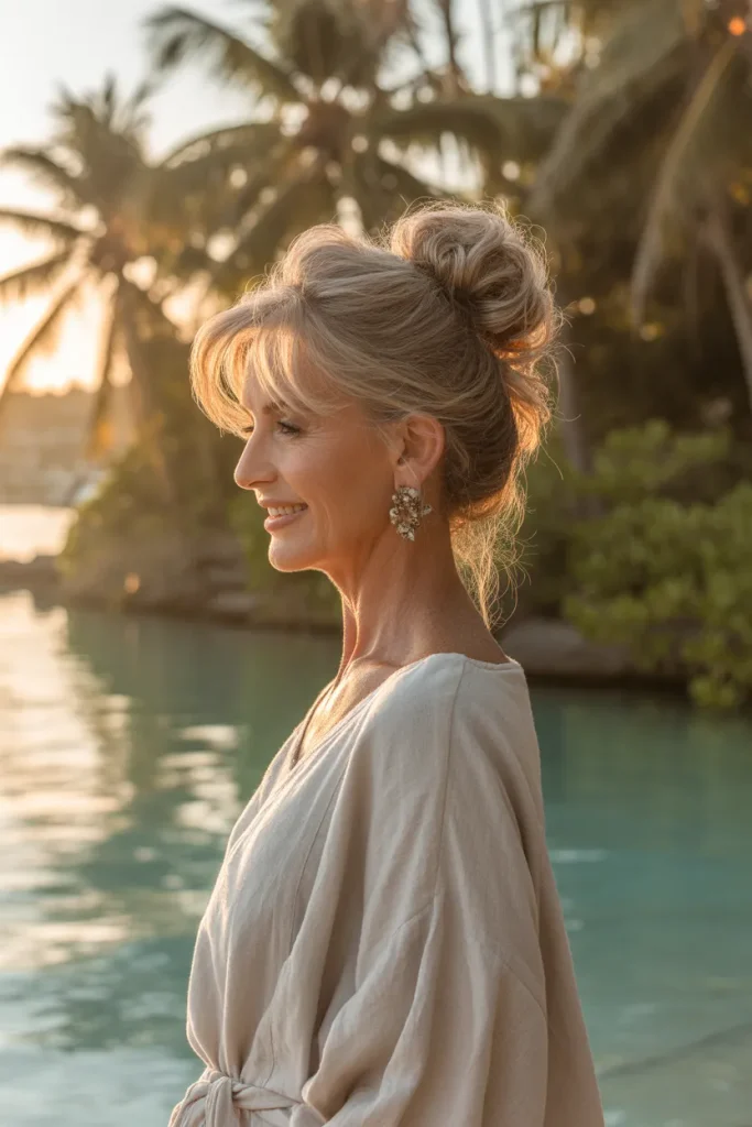 Messy High Bun,A stylish older woman with long silver-blonde hair pulled into a soft, textured high bun with loose, face-framing side tendrils. Natural morning sunlight catching light through soft top strands. Minimalist coastal interior backdrop, medium shot capturing soft height and a relaxed, graceful silhouette.