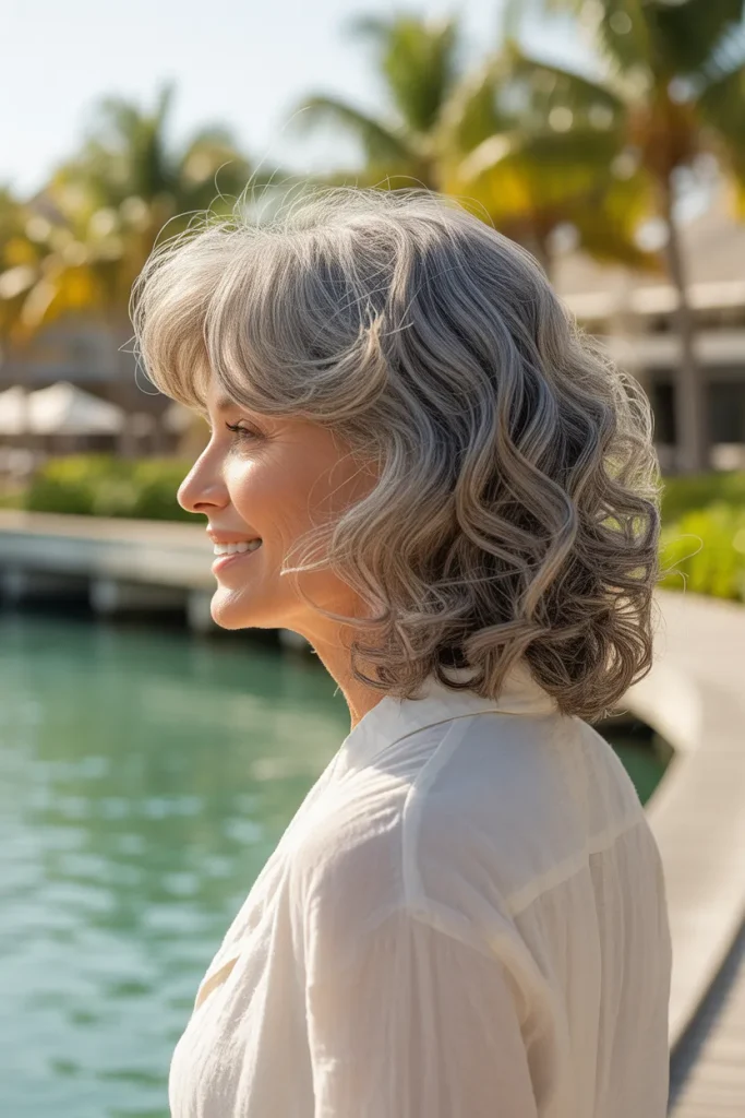 Relaxed Beach Waves,A radiant older woman with collarbone-length silver and honey-blonde hair styled in soft, undone beach waves. Golden hour sunlight catching light reflecting through hair strands, outdoor coastal backdrop with a gentle sea breeze. Medium shot showcasing touchable movement and natural texture.