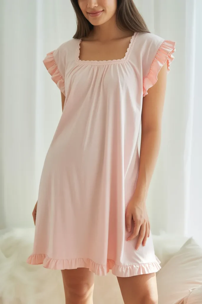 A full-body lifestyle photo of a woman standing near a sunlit bedroom window wearing a short plus size night dress for women in soft blush pink jersey. Features delicate ruffled cap sleeves, a square neckline, and a gentle ruffle hemline. Bright morning lighting, airy bedroom decor, relaxed posture, eye-level camera shot.