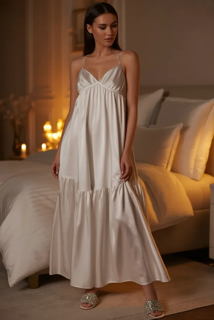A medium close-up photo of a woman standing in a cozy sunlit room wearing a sleeveless plus size night dress for women in soft plum purple. Features flat adjustable shoulder straps, straight neck trim, mid-calf hem, smooth finish. Soft backlighting, warm bedroom environment, relaxed confident posture, eye-level angle.