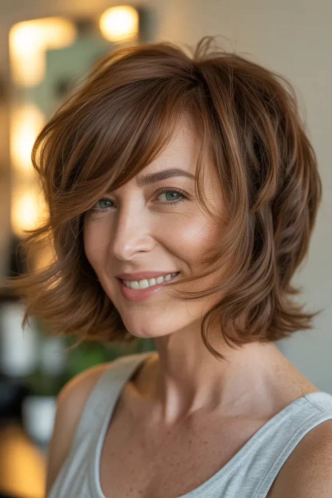 Side-Swept Shag Cut,A chic mature woman with a modern side-swept shag haircut featuring heavy texture and curtain-style layered fringe. Soft silver-gray hair illuminated by bright natural window light. Studio backdrop with clean aesthetic, close-up portrait highlighting soft layers around cheekbones.