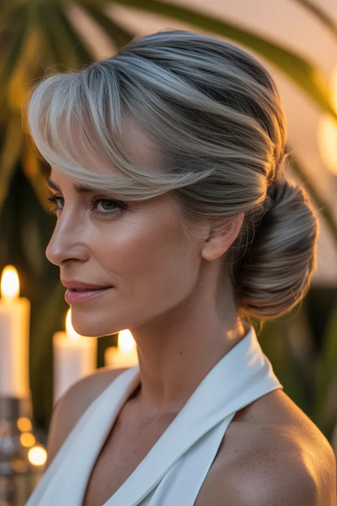 Sleek Low French Twist,A sophisticated older woman featuring silver-gray hair crafted into a clean, modern low French twist updo. Soft side-swept bangs gracefully skimming her forehead. Soft daylight illumination, minimalist elegant salon setting, back-three-quarter camera angle highlighting smooth tuck details and refined shape.