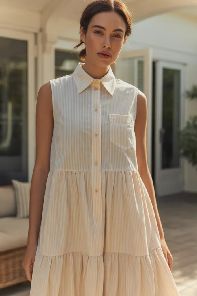 A full-length photo of a woman standing near a sunlit balcony wearing a sleeveless plus size night dress for women in a crisp white cotton poplin blend. Features a button-up collar neckline, tiered flared hem, and side pockets. Bright afternoon sunlight, breezy coastal home setting, relaxed stance, straight-on camera view.