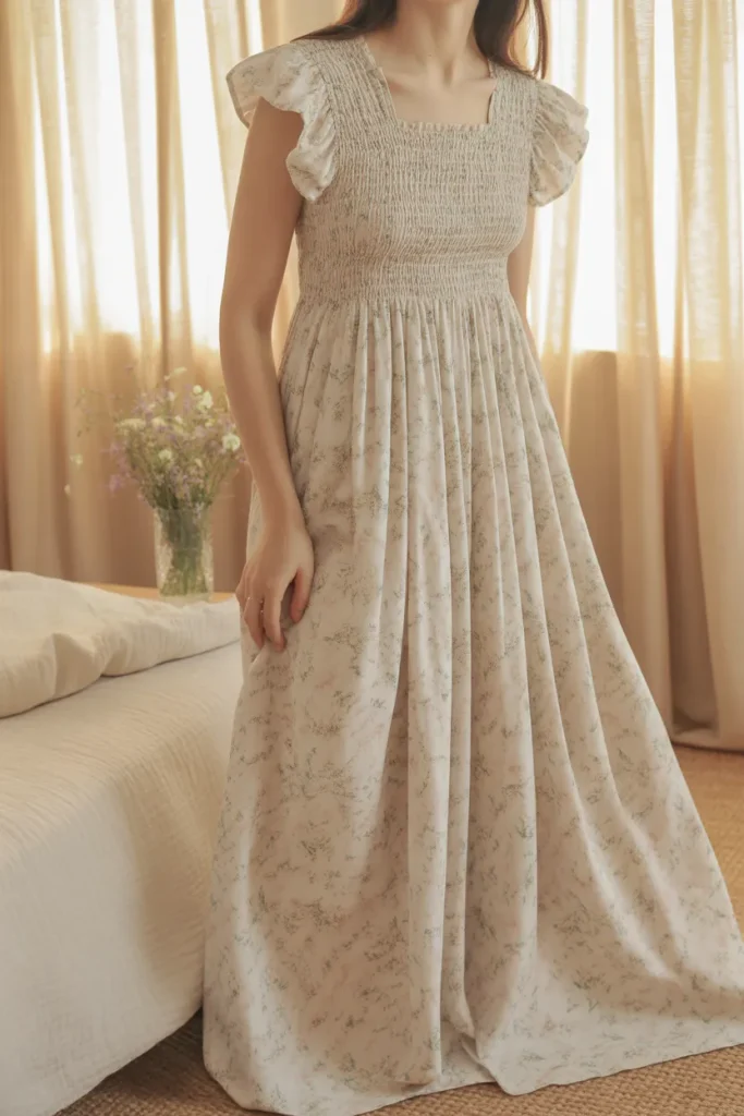A medium shot of a woman in a sunlit garden doorway wearing a mid-calf plus size night dress for women in lavender floral print cotton. Features a stretchy smocked bust, flutter cap sleeves, and a flowing skirt. Bright sunny daylight, lush garden patio background, romantic breezy aesthetic, eye-level perspective.