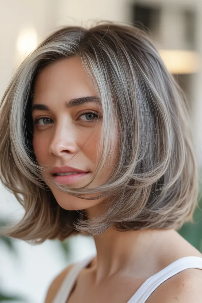 Soft Layered Bob,An elegant older woman with chin-length, multi-tonal blond-and-gray hair cut into a soft layered bob with light fringe. Studio lighting highlighting feather-light hair layers and soft wave movement. Minimal interior background with a cozy aesthetic, medium close-up angle showcasing soft movement and dimension.