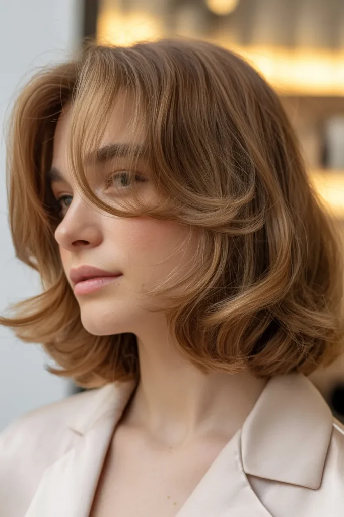 Soft Layered Lob,A glamorous older woman with soft blonde-gray hair styled in a shoulder-skimming layered lob with gentle curtain bangs. Natural warm lighting catching subtle silver strands. Set against a soft minimalist interior, medium close-up shot showing light movement, texture, and elegant cheek-framing layers.