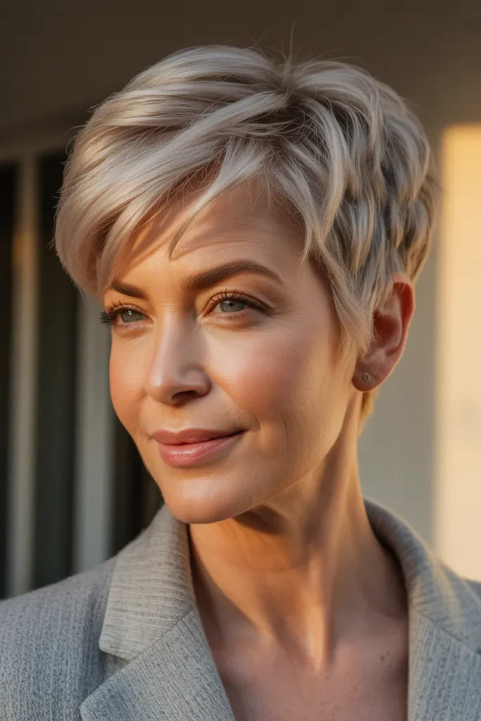 A vibrant mature woman with a chic, short textured pixie cut featuring subtle spiky crown layers and soft tapered sides. Bright daylight highlighting natural gray tones and textured piecey fringe. Set against a clean, modern aesthetic background, angled side portrait capturing dimension and effortless style.