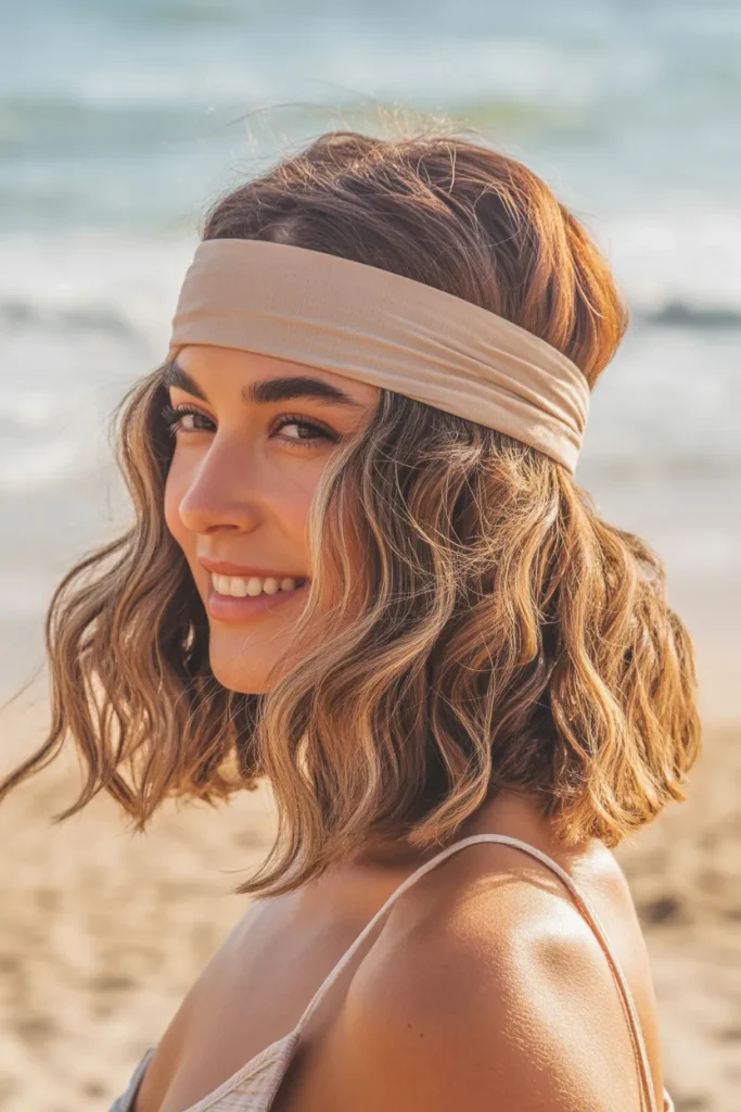 Textured Waves with Headband,A stylish mature woman with shoulder-length silver-blonde hair styled in soft textured waves, accented by a wide fabric headband. Bright natural daylight illuminating soft movement. Minimalist neutral background, medium close-up shot showcasing headband placement, soft crown volume, and touchable texture.