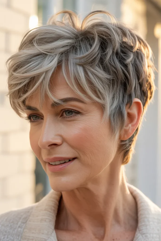 Tousled Pixie with Bangs,A mature woman with silver hair styled in a short, tousled pixie featuring piecey, crown-lifted texture and soft bangs. Soft studio daylight illuminating hair strands. Set against a clean neutral background, close-up angled profile highlighting natural movement, volume, and effortless chic styling.
