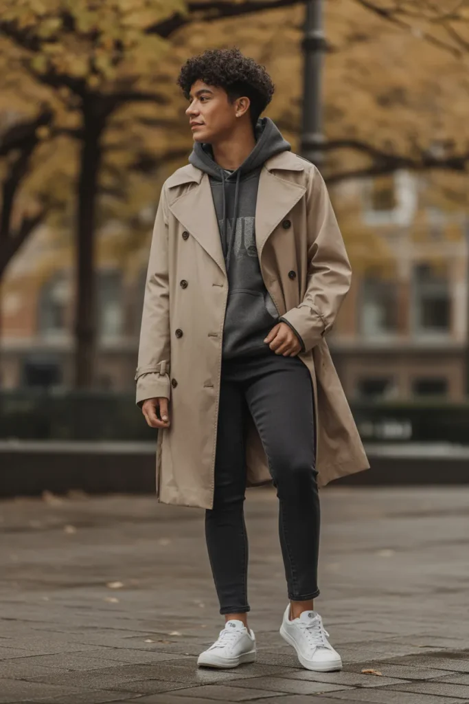 Trench Coat and Hooded Sweatshirt
