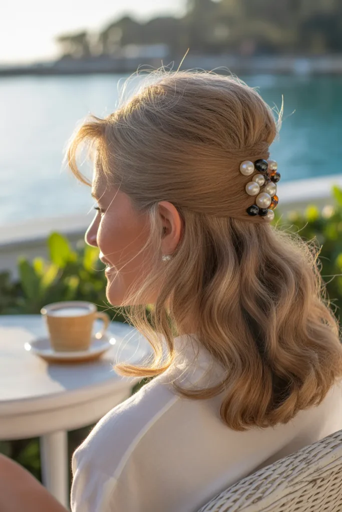 Voluminous Crown Half-Up,A glamorous mature woman with soft silver-blonde shoulder-length hair styled in a romantic half-updo with subtle crown volume. Loose, soft beach waves cascading down, captured in warm sunset outdoor lighting. Minimalist beach backdrop, medium profile shot showing soft texture and elegant lift.