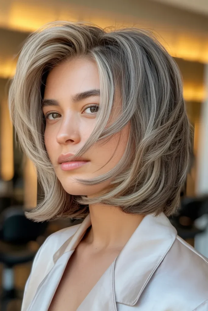 Voluminous Layered Bob,An elegant older woman with chin-length, honey-blonde and silver hair styled into a voluminous layered bob with soft curtain fringe. Bright natural studio lighting highlighting feathery layers and soft crown lift. Minimalist background, medium close-up shot capturing dynamic hair movement and full body.