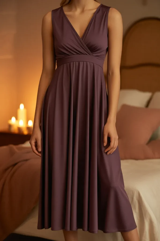 A full-body photo of a woman relaxing on a sun-drenched window bench wearing a plus size night dress for women in deep terracotta jersey. Features a faux-wrap crossover neckline, elastic empire waist, and three-quarter sleeves. Soft morning sunlight, cozy boho bedroom background, relaxed posture, eye-level angle.